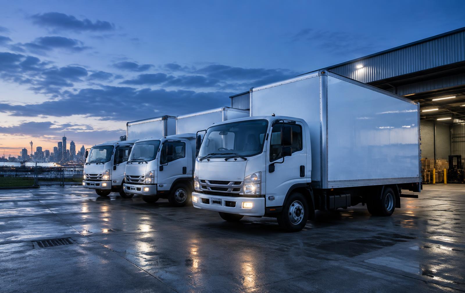 Fleet of white removal trucks at a depot at dusk