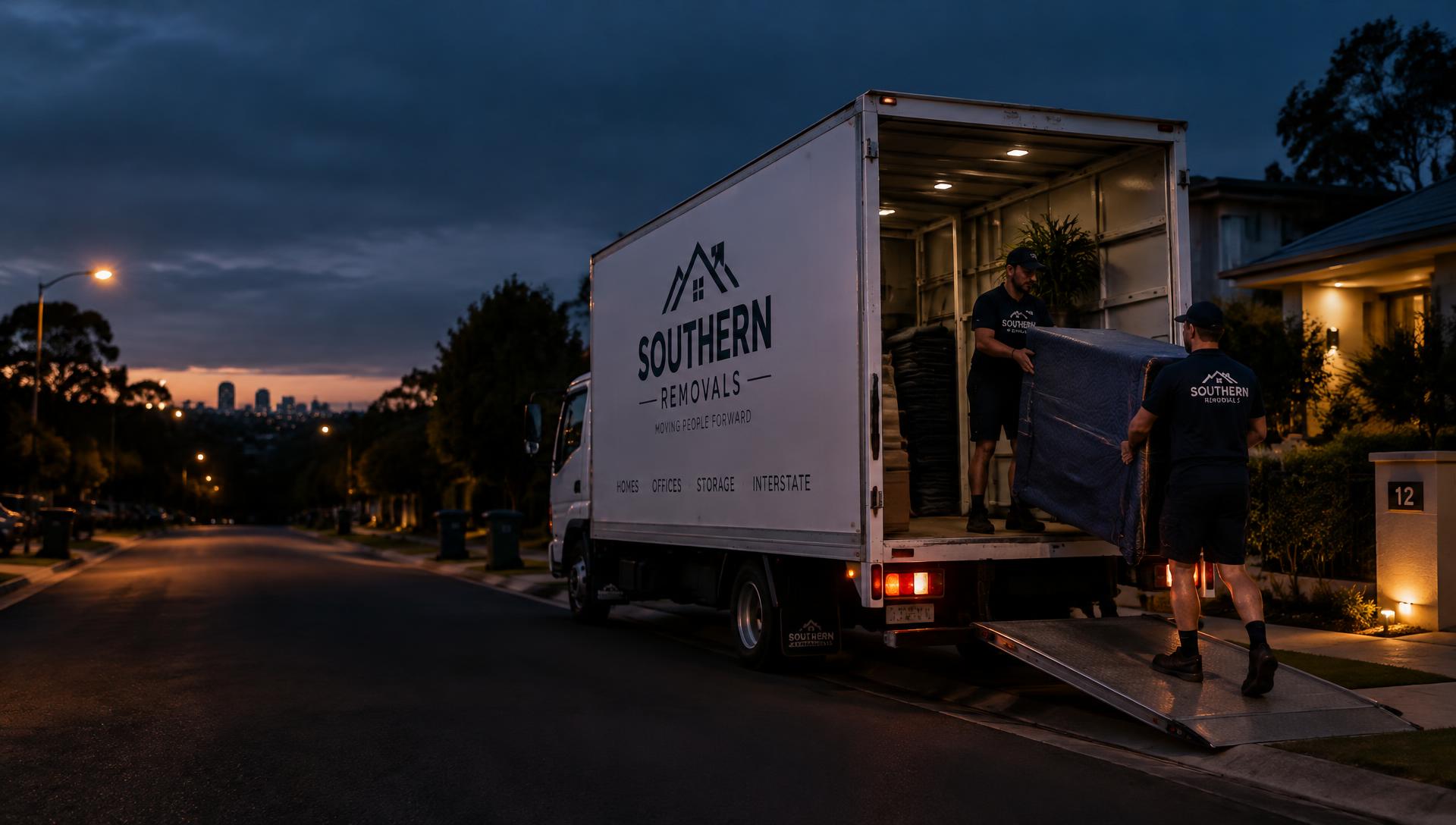 Removalist crew loading a truck on a suburban street at dusk